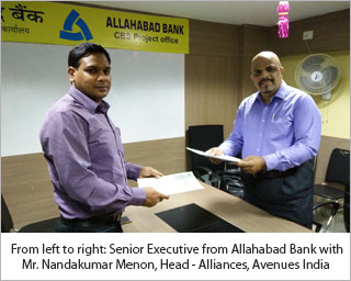 From left to right: Senior Executive from Allahabad Bank with Mr. Nandakumar Menon, Head - Alliances, Avenues India From left to right: Senior Executive from Allahabad Bank with Mr. Nandakumar Menon, Head - Alliances, Avenues India